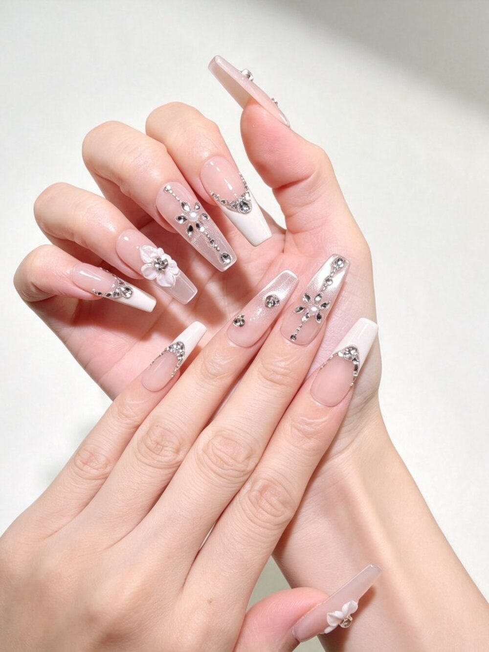 Elegant Pink and White Handmade Press On Nails With Rhinestone Long Coffin